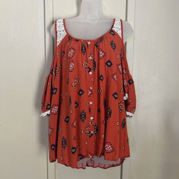 Cato Womens Top Plus Size 22/24W Cold Shoulder Lace Button Down Fall - Picture 1 of 12